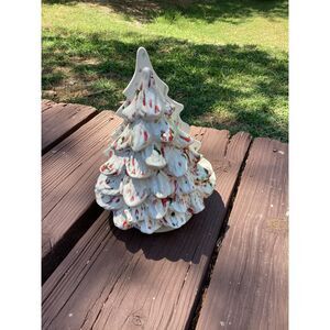 Vintage Ceramic Christmas Tree Napkin Holder White Red Green Speckle Glaze